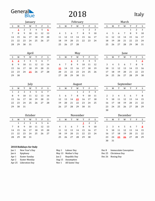 Italy Holidays Calendar for 2018