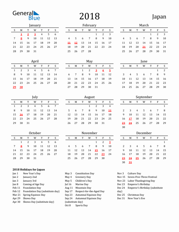 Japan Holidays Calendar for 2018