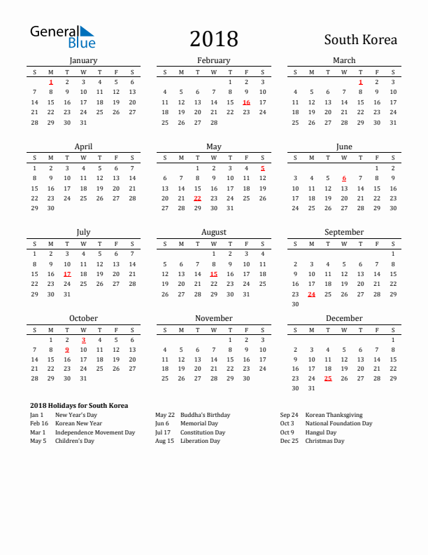 South Korea Holidays Calendar for 2018