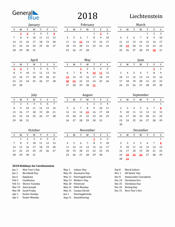 Liechtenstein Holidays Calendar for 2018