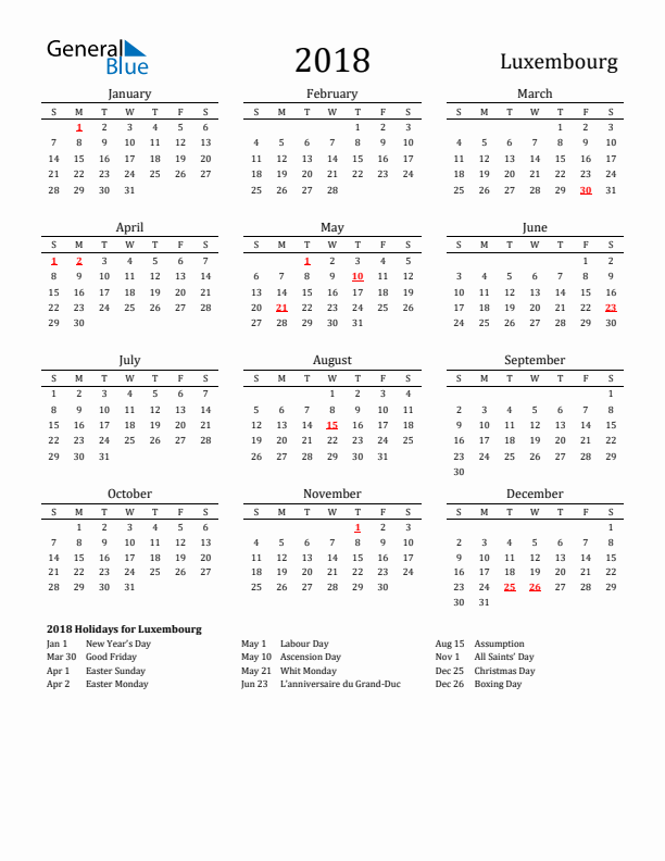 Luxembourg Holidays Calendar for 2018