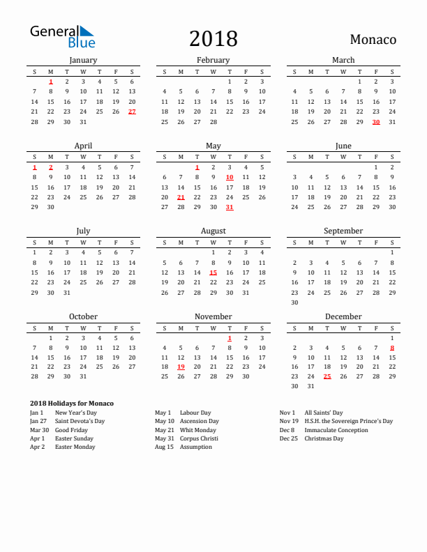 Monaco Holidays Calendar for 2018