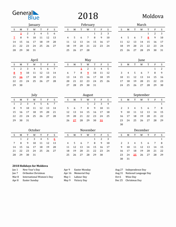 Moldova Holidays Calendar for 2018
