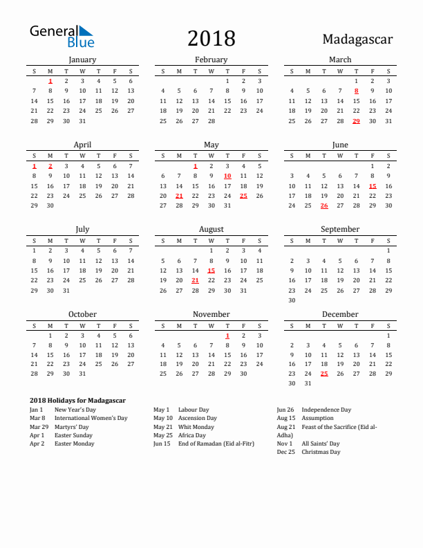 Madagascar Holidays Calendar for 2018