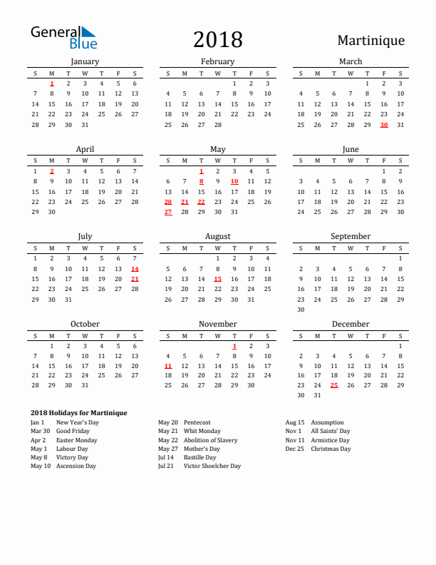 Martinique Holidays Calendar for 2018