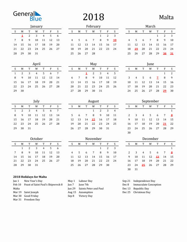 Malta Holidays Calendar for 2018
