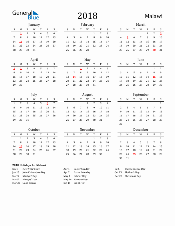 Malawi Holidays Calendar for 2018