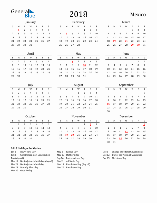Mexico Holidays Calendar for 2018