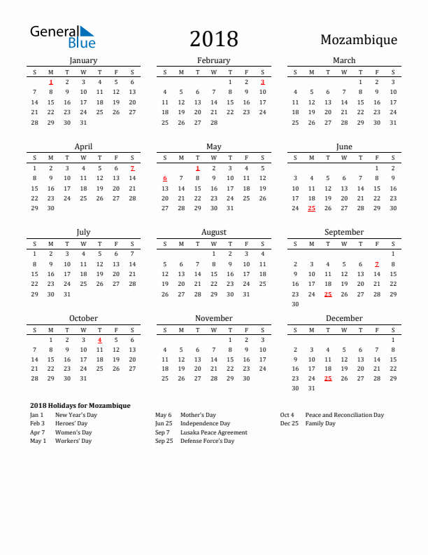 Mozambique Holidays Calendar for 2018