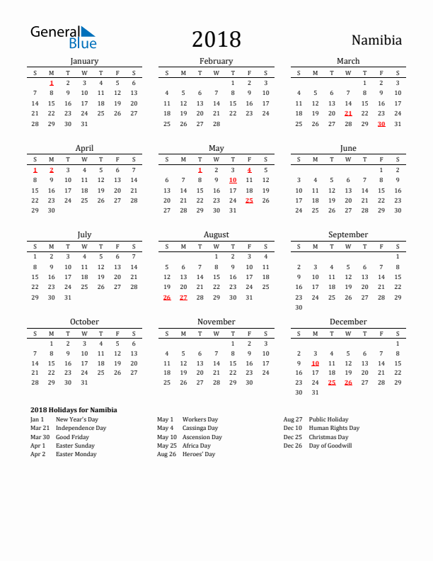 Namibia Holidays Calendar for 2018