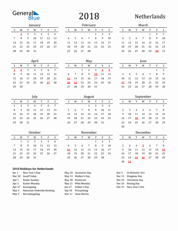 2018 The Netherlands Calendar with Holidays