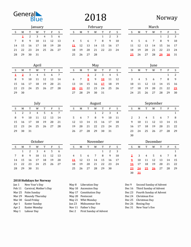 Norway Holidays Calendar for 2018