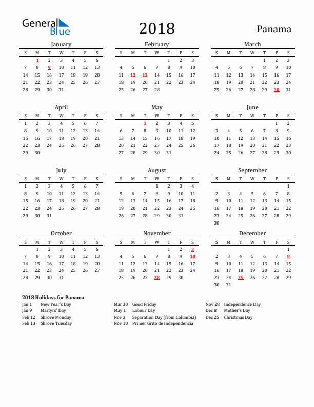 Panama Holidays Calendar for 2018