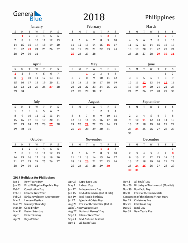 Philippines Holidays Calendar for 2018