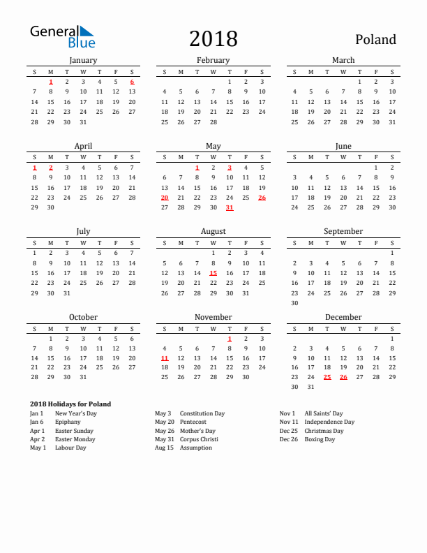 Poland Holidays Calendar for 2018