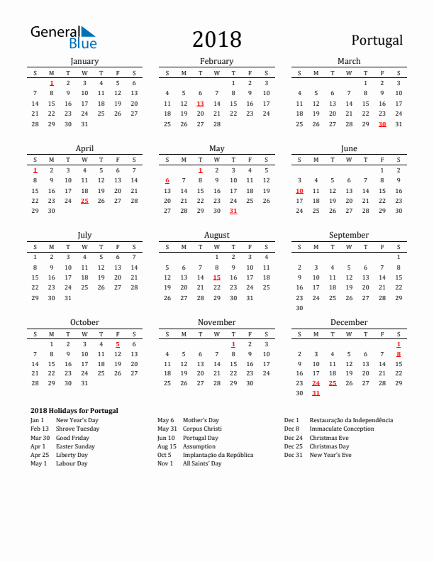 Portugal Holidays Calendar for 2018