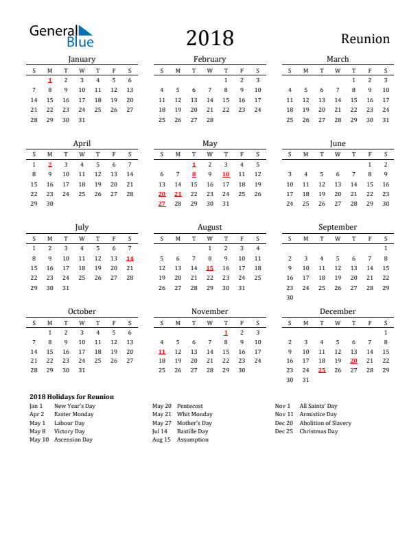 Reunion Holidays Calendar for 2018
