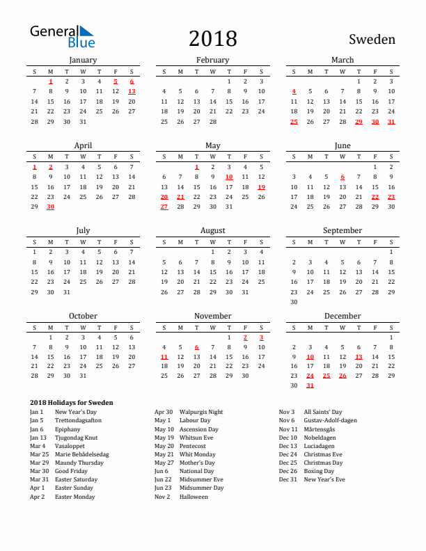 Sweden Holidays Calendar for 2018