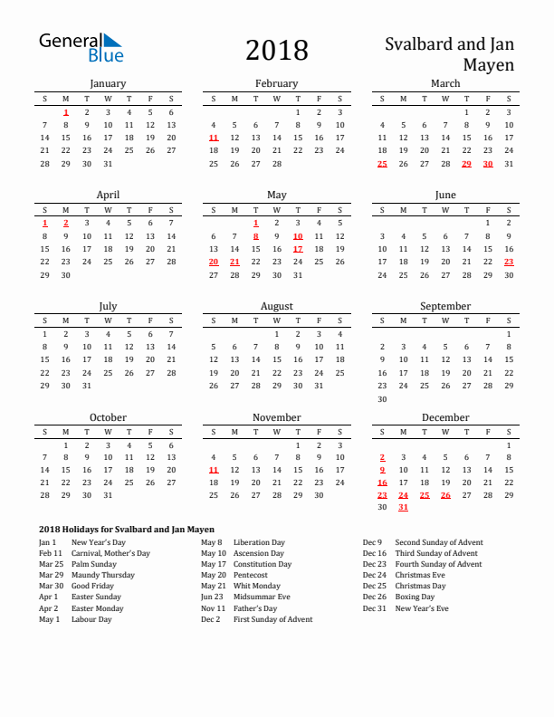 Svalbard and Jan Mayen Holidays Calendar for 2018