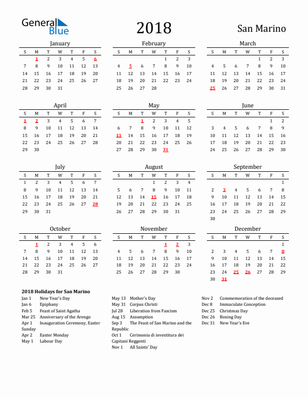 San Marino Holidays Calendar for 2018