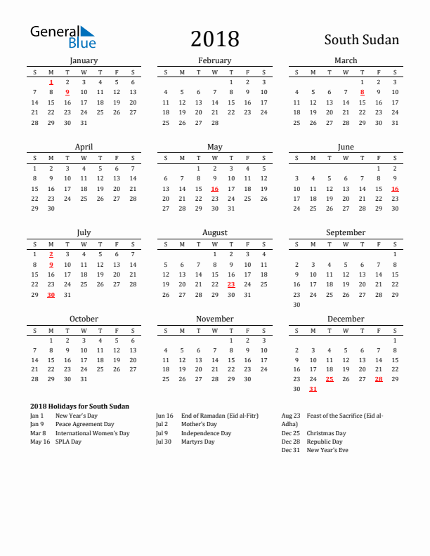 South Sudan Holidays Calendar for 2018