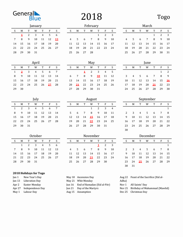 Togo Holidays Calendar for 2018