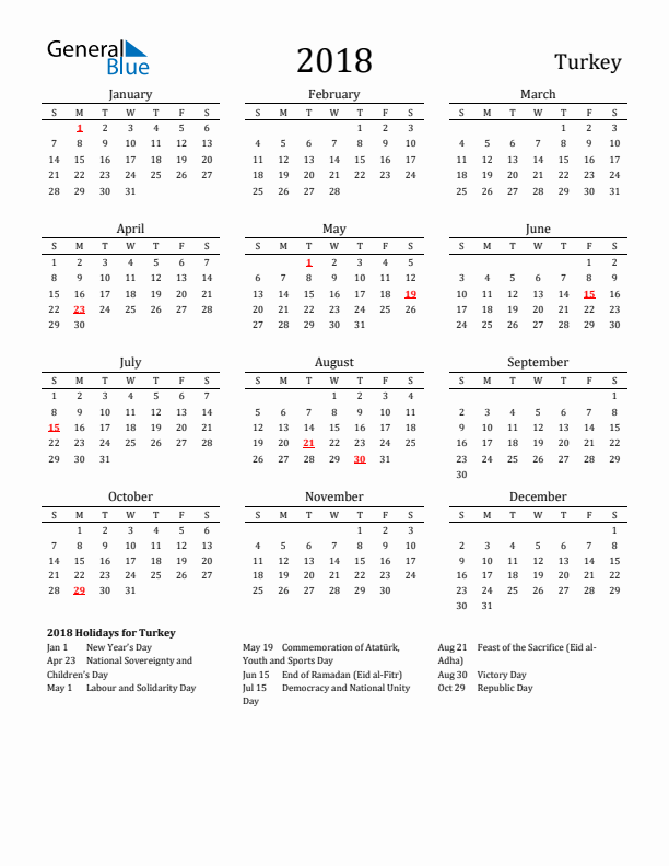 Turkey Holidays Calendar for 2018