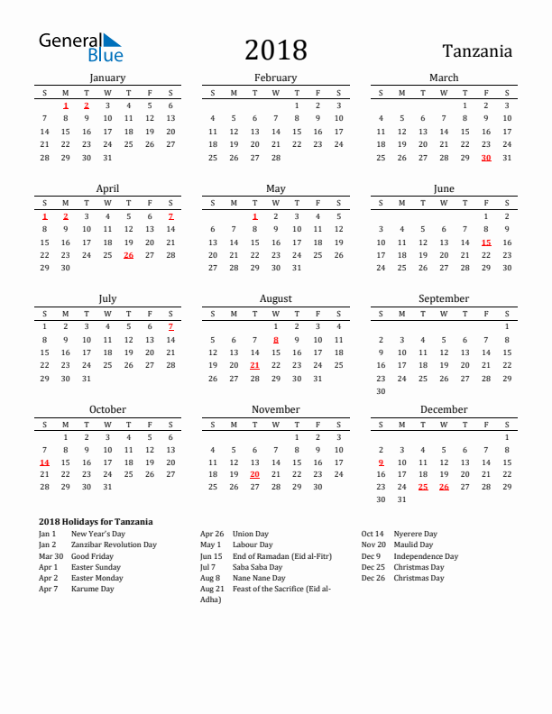 Tanzania Holidays Calendar for 2018