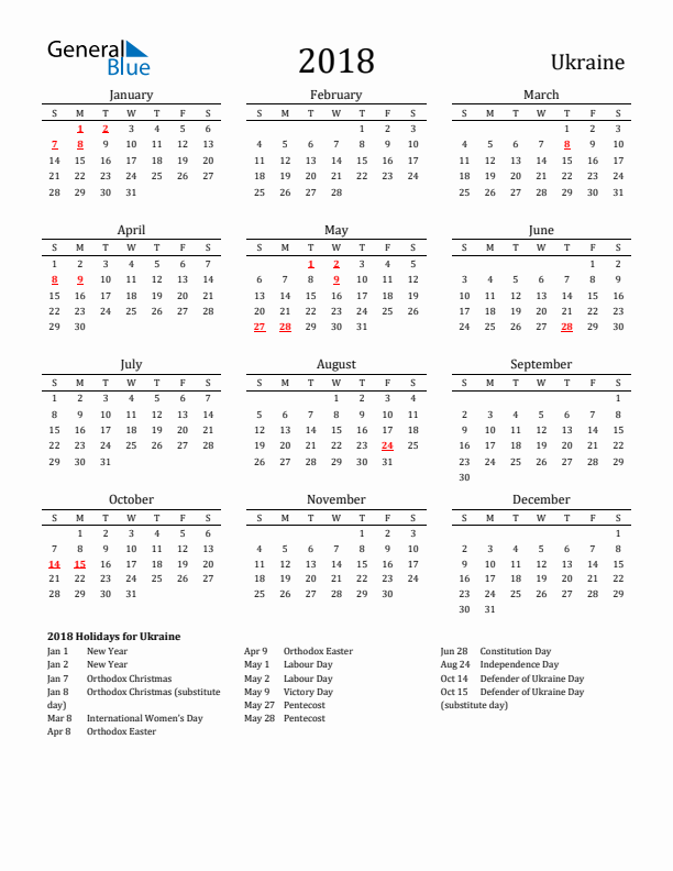 Ukraine Holidays Calendar for 2018