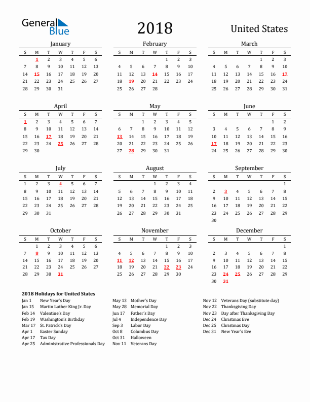 United States Holidays Calendar for 2018