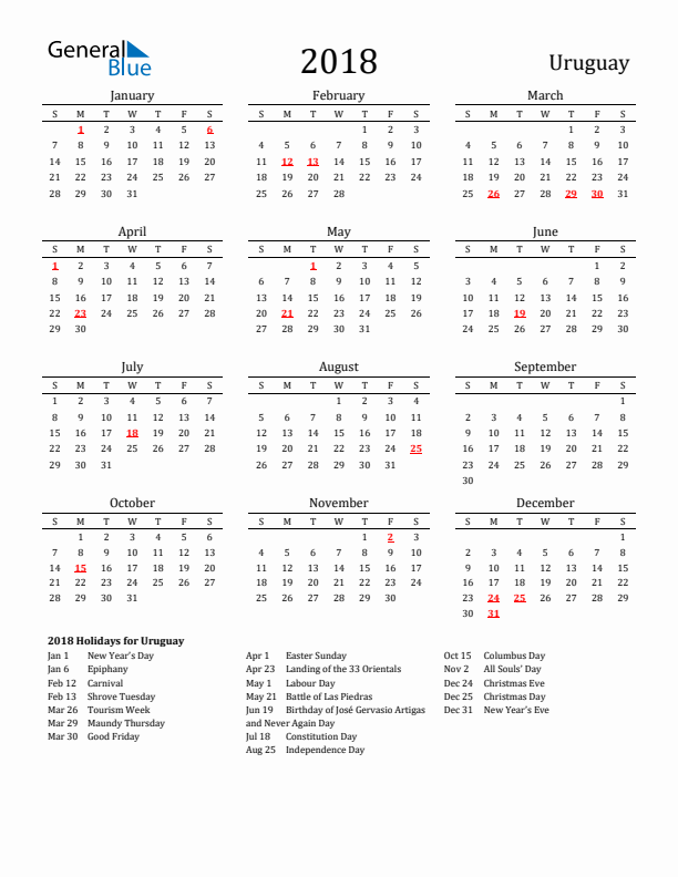 Uruguay Holidays Calendar for 2018
