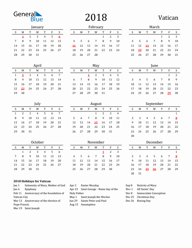 Vatican Holidays Calendar for 2018
