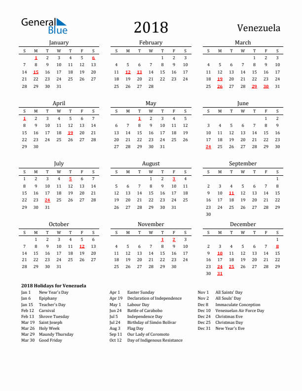 Venezuela Holidays Calendar for 2018