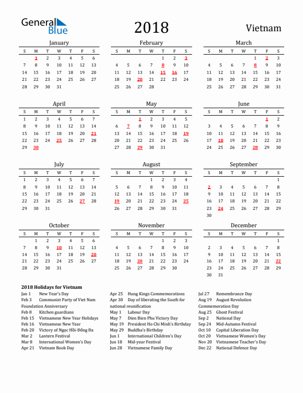 Vietnam Holidays Calendar for 2018