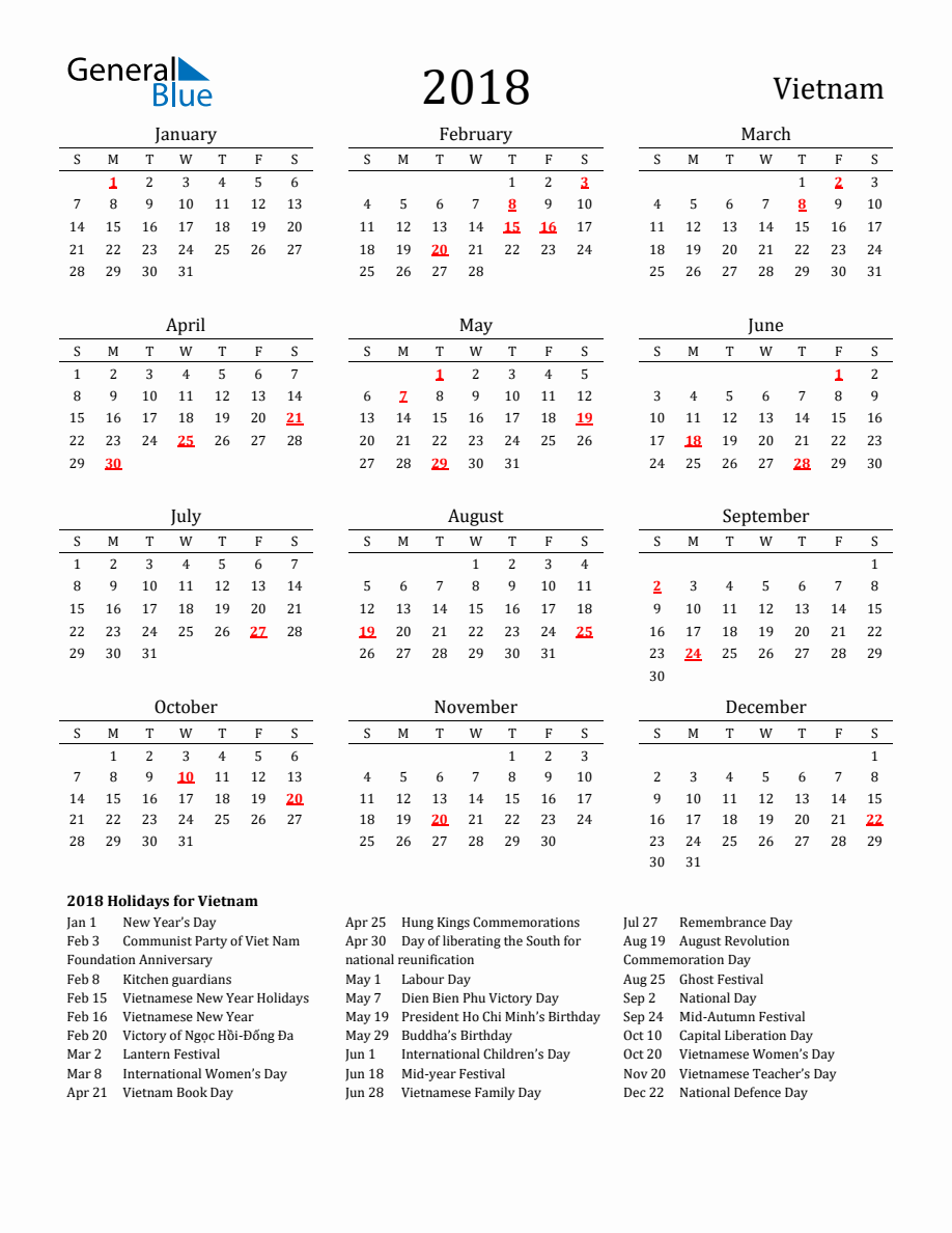 Free Vietnam Holidays Calendar for Year 2018