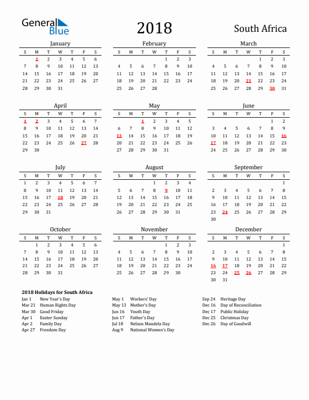 South Africa Holidays Calendar for 2018