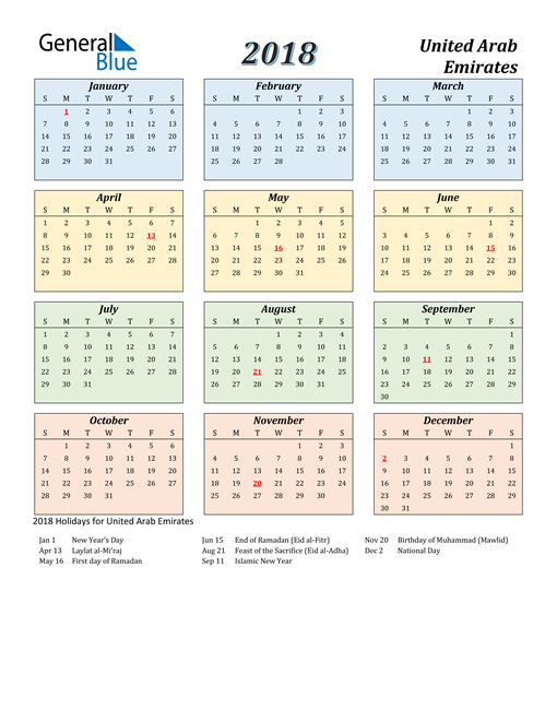 United Arab Emirates Calendar 2018