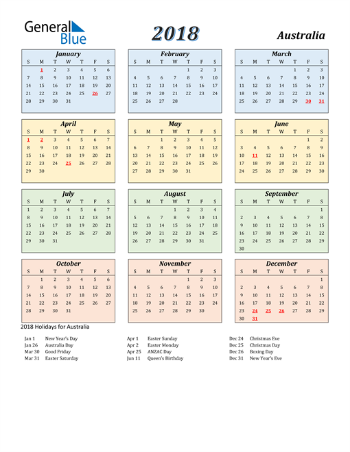 2018 Australia Calendar with Holidays