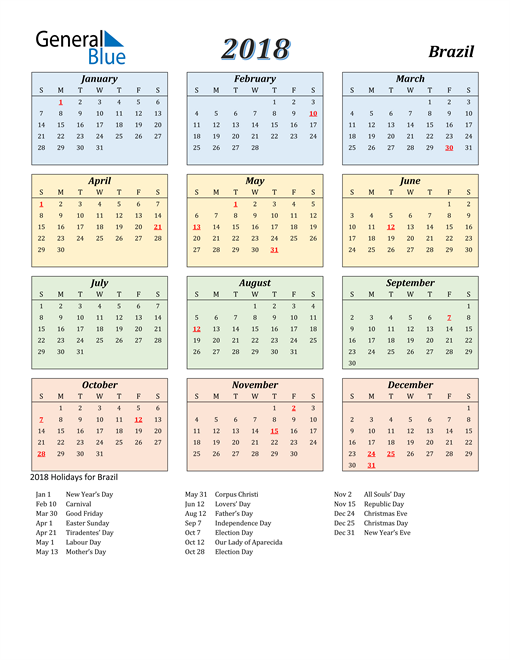 2018 Brazil Calendar with Holidays