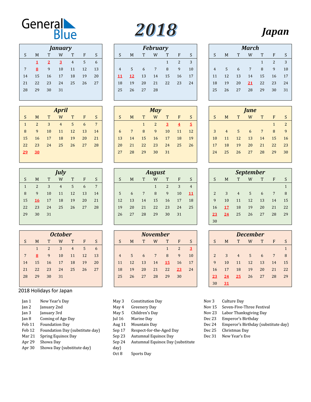 2018 Japan Calendar with Holidays