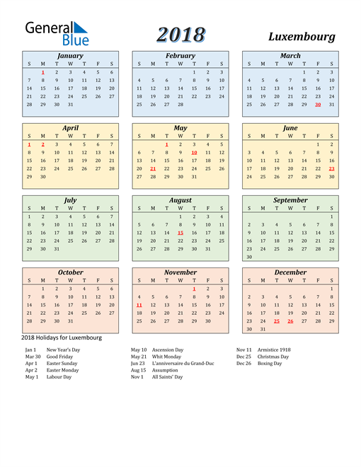 2018 Luxembourg Calendar with Holidays