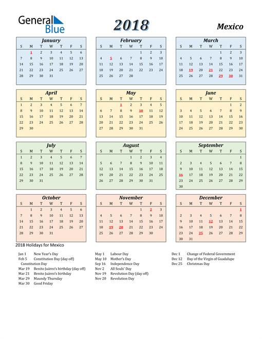 2018 Mexico Calendar with Holidays