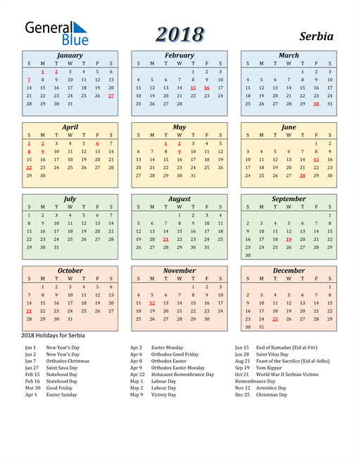 2018 Serbia Calendar with Holidays