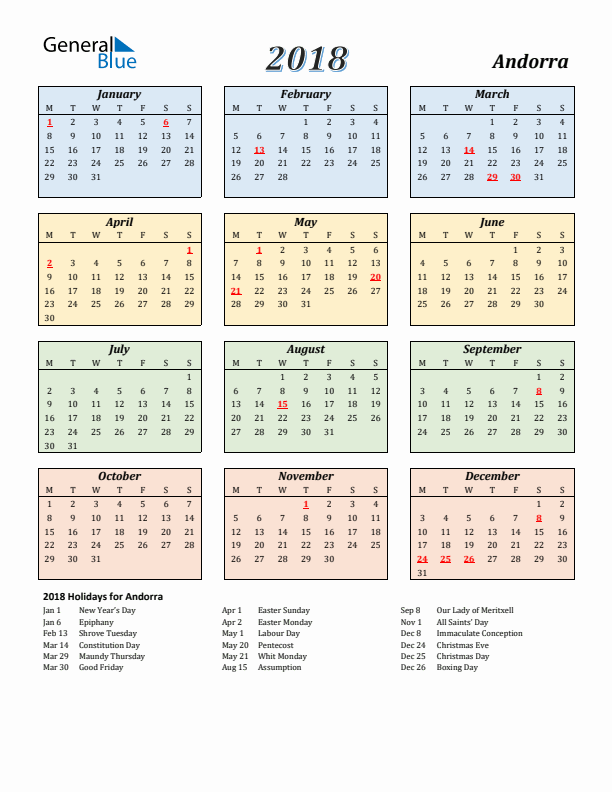 Andorra Calendar 2018 with Monday Start