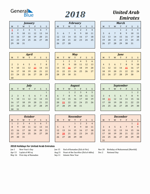 United Arab Emirates Calendar 2018 with Monday Start