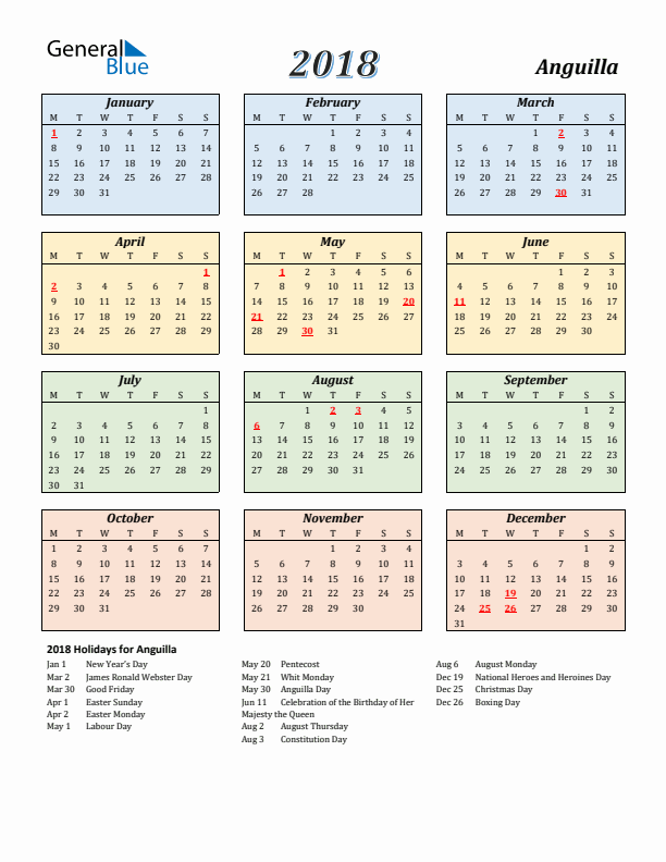Anguilla Calendar 2018 with Monday Start