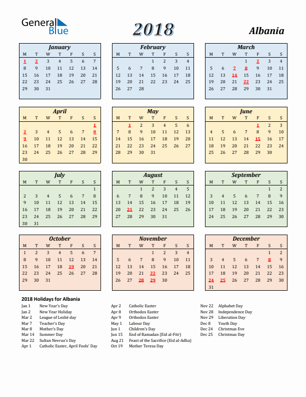 Albania Calendar 2018 with Monday Start