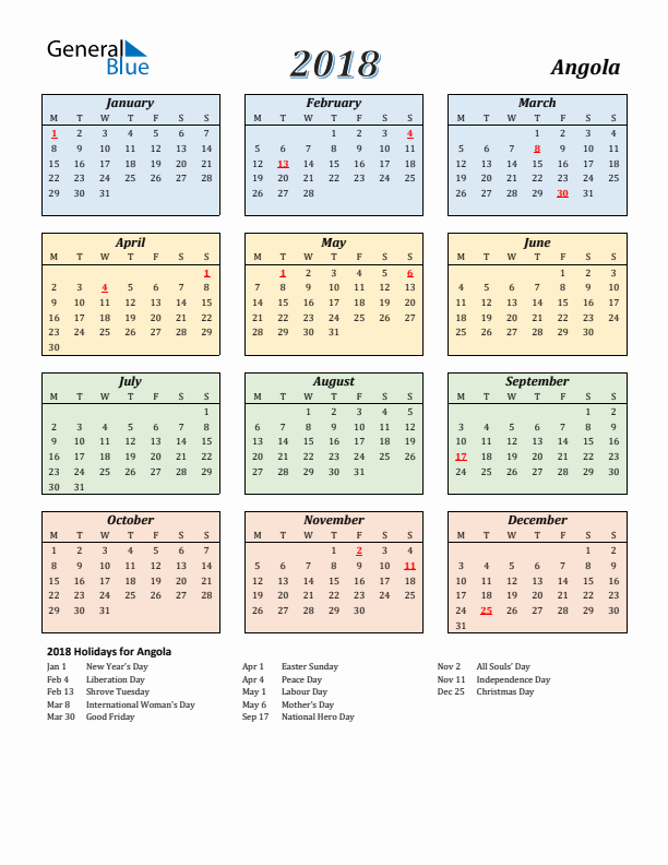 Angola Calendar 2018 with Monday Start
