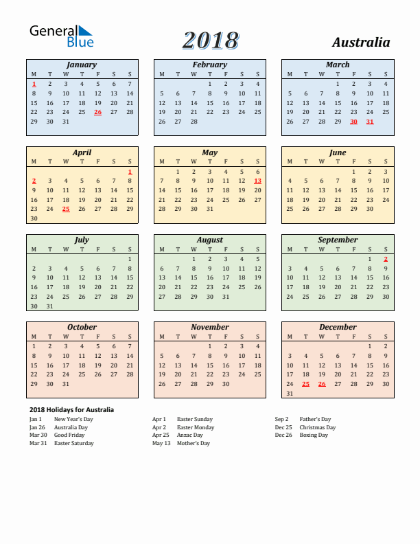 Australia Calendar 2018 with Monday Start