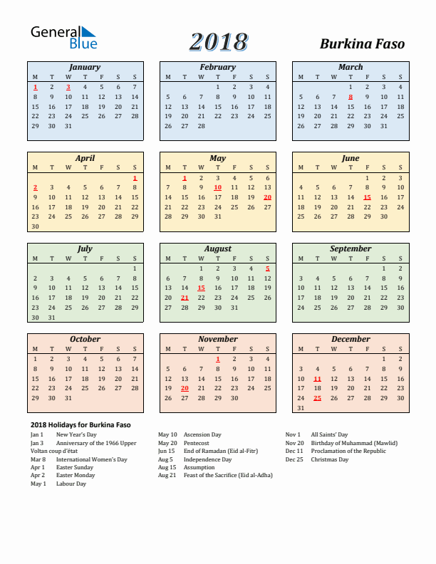 Burkina Faso Calendar 2018 with Monday Start